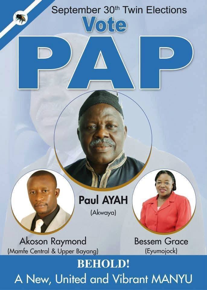 People Action Party election campaign poster featuring Akoson Raymond as parliamentary candidate for Mamfe Central and Upper Bayang